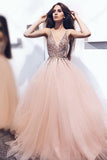 A line Tulle Blush Pink Prom Dresses with Beaded Sequins V Neck Bodice PW653