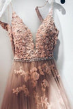 A line V Neck Lace Appliques Pink Spaghetti Straps Tulle Prom Dresses, Formal Dresses PW768
