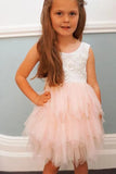 Adorable A Line Knee length Pink Tulle Little Flower Girl Dress with Lace Party Dress FG1005