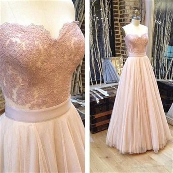 Sweetheart Pink A Line Tulle Lace Strapless Backless Long Prom Dress