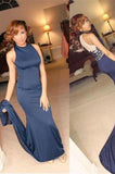 Sexy Mermaid High Neck Navy Blue Long Prom Dress Party Cocktail Dress