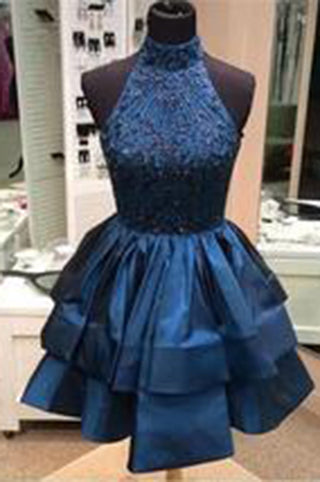 Pretty A Line Above-knee High Neck Beaded Dark Blue Backless Short Homecoming Dresses
