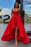 Elegant A Line Strapless High Low Red Pockets Long Prom Dress Party Dress P1268
