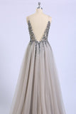 Backless Grey V-Neck Sexy Prom Dresses with Slit Rhinestone See Through Evening Gowns P1105