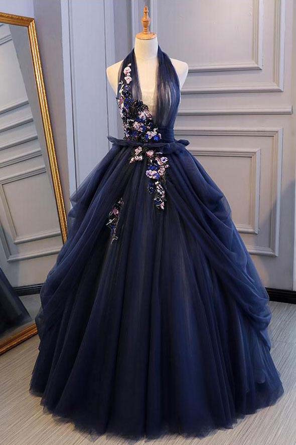 Ball Gown Blue Tulle Lace Long Prom Dresses Deep V Neck Backless Evening Dresses PW469