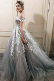 Ball Gown Gray Off the Shoulder Tulle Prom Dresses with Lace Appliques PW685