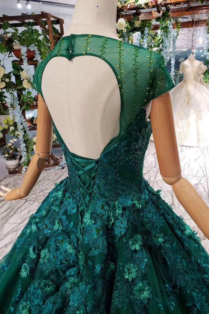 Ball Gown Green Court Train Scoop Lace Appliques Cap Sleeves Lace up Prom Dresses PW787