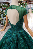 Ball Gown Green Court Train Scoop Lace Appliques Cap Sleeves Lace up Prom Dresses PW787