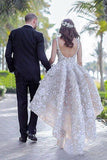 Ball Gown Lace Appliques High Low Backless Beads Wedding Dresses, Bridal Dresses PW559