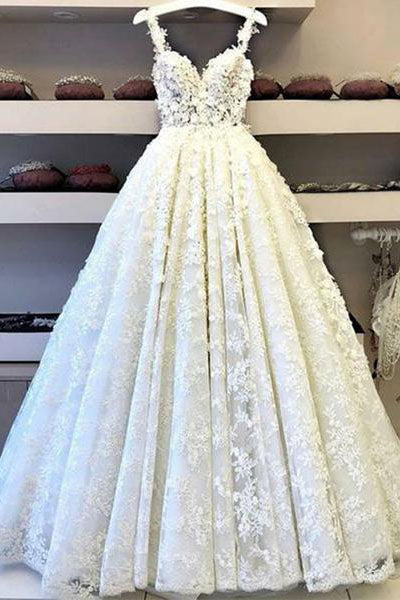 Ball Gown Lace Appliques V Neck Prom Dresses, Spaghetti Straps Long Evening Dresses PW618