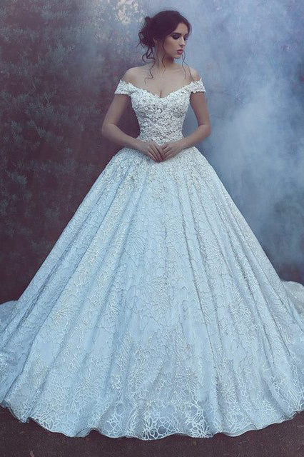 Ball Gown Off the Shoulder Sweetheart Lace Wedding Dresses, Long Bridal Dresses PW689