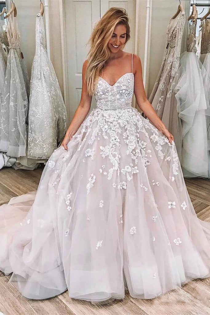 Ball Gown Pink Spaghetti Straps Sweetheart Wedding Dresses Tulle Bridal Gown PW720