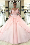 Ball Gown Pink V-Neck Long Sleeve Appliques Prom Dress with Lace up Quinceanera Dress H1136