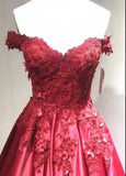 Ball Gown Red Lace Appliques Prom Dresses Off the Shoulder Quinceanera Dresses PW500