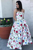 Ball Gown Strapless White Floral Print Prom Dresses with Pockets Dance Dresses PW724