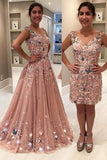 Blush Pink Tulle Beading Lace Appliques Prom Dresses Long Cheap Evening Dresses PW609