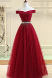 Burgundy A line Off the shoulder Sweetheart Prom Dresses, Beads Evening Dresses PW586