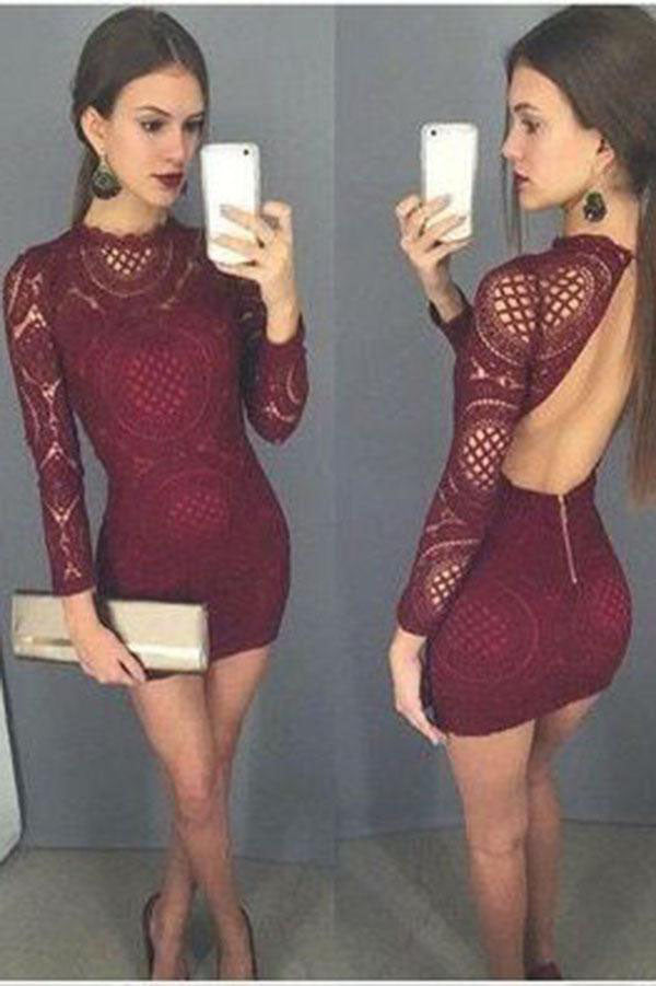 Burgundy Long Sleeve High Neck Backless Sheath Lace Homecoming Dresses, Cocktail Dress PW870