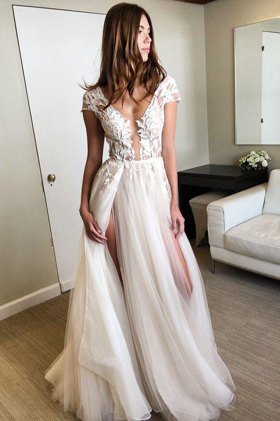 Cap Sleeve Deep V Neck Prom Dress with Appliques Backless Split Wedding Dresses PW634