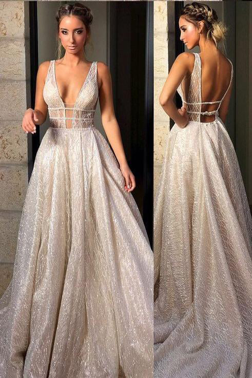 Chic Sparkly Deep V Neck Straps Wedding Dress,Sequin Long Prom Dresses PW781