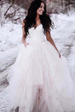 Chic Straps Lace Top Backless Tulle Asymmetrical Ivory Wedding Dresses, Bridal Dresses W1022