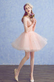 Cute A Line Half Sleeve Pink Round Neck Tulle Homecoming Dresses with Lace Prom Dresses PW823