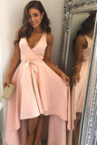 Cute A Line Pearl Pink Straps V Neck High Low Wrap Homecoming Dresses with Belt H1296