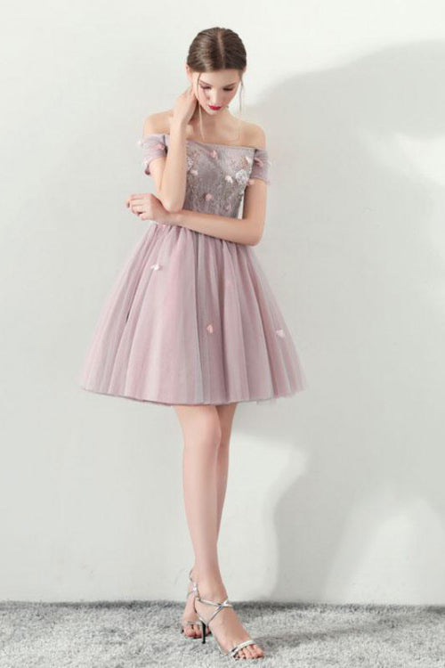Cute Off the Shoulder Short Sleeve Tulle Above Knee Homecoming Dresses PW821
