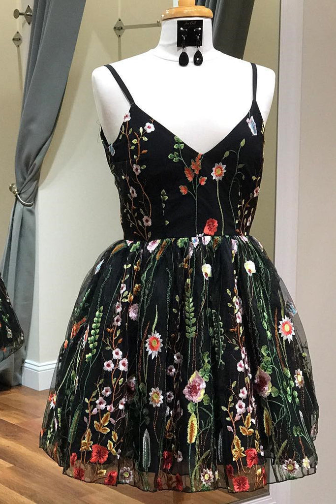 Cute Straps Black Embroidery Floral V Neck Short Homecoming Dress,Short Prom Dress PW876