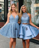 Cute V-Neck Blue Short Prom Dresses Above Knee Homecoming Dresses Cocktail Dresses H1062