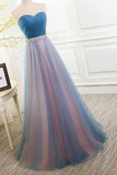Vintage Tulle Long Strapless Blue Lace-up Prom Dress