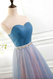 Vintage Tulle Long Strapless Blue Lace-up Prom Dress