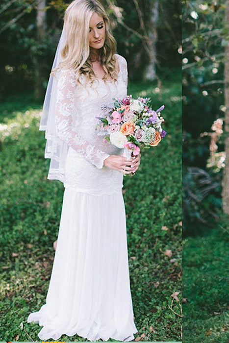 Lace Long Sleeve Beach Backless Outdoor Garden Handmade Women's Wedding Dress PM56