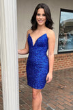Sparkle Royal Blue Strapless V Neck Sequins Homecoming Dress