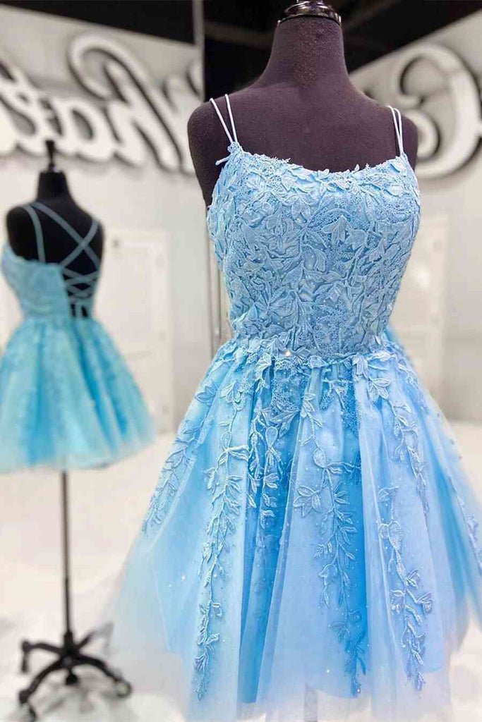 Blue A-line Spaghetti Straps Lace Short Prom Dresses Homecoming Dresses