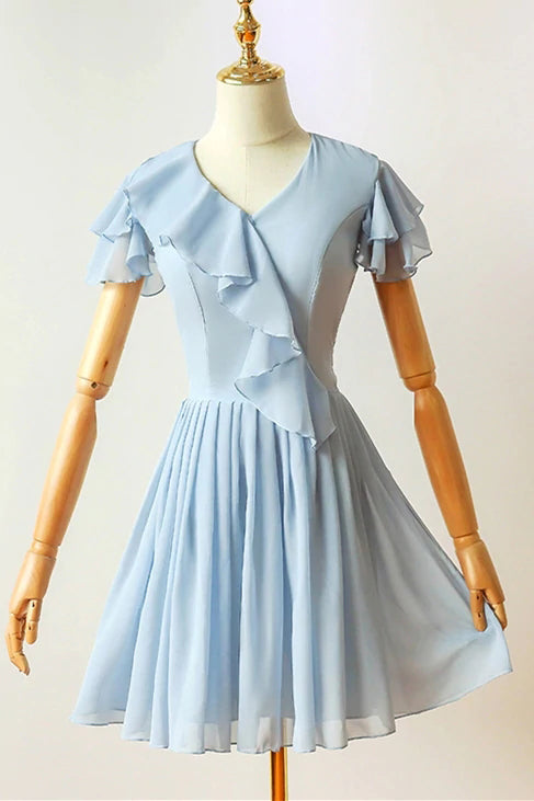 Blue A-line Chiffon Short Prom Dresses Homecoming Dresses