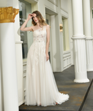A Line One Shoulder Sleeveless Appliques Tulle Wedding Dress WH33393