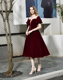 Vintage A Line Notched Short Sleeves Pearls Velvet Tea Length Homecoming Dress WH26389