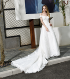 A Line Off The Shoulder Appliques Beading Tulle Chapel Train Wedding Dress WH42388