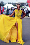 Sexy Elegant A line Yellow Chiffon Cap Sleeves Lace Evening Prom Dresses uk PH795