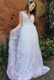 A Line Spaghetti Straps Deep V Neck Floral Print Prom Dresses, Tulle Floor Length Evening Dresses P1257