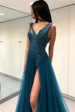 A Line Green V Neck Tulle Open Back Lace Beads Sleeveless Evening Prom Dresses PH769