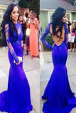 Sexy Mermaid Royal Blue High Neck Long Sleeve Open Back Lace Prom Dress