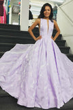 Elegant A-Line Bateau Sleeveless Lilac Floral Satin Prom Dress, Long Party Dresses PW758