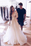 Elegant Illusion Neck Long Sleeves Tulle Wedding Dress with Appliques, Bridal Dress PW633