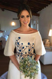 Elegant Ivory Wedding Dresses Bateau Embroidery Romantic Half Sleeve Bridal Gown W1028