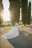 Elegant Ivory Wedding Dresses Bateau Embroidery Romantic Half Sleeve Bridal Gown W1028