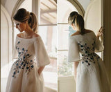 Elegant Ivory Wedding Dresses Bateau Embroidery Romantic Half Sleeve Bridal Gown W1028