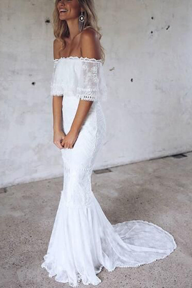 Elegant Mermaid Off the Shoulder Half Sleeve White Lace Beach Wedding Dresses PW779