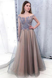 Elegant Off Shoulder Sleeveless Floor Length Lace Prom Dresses with Appliques PW468
